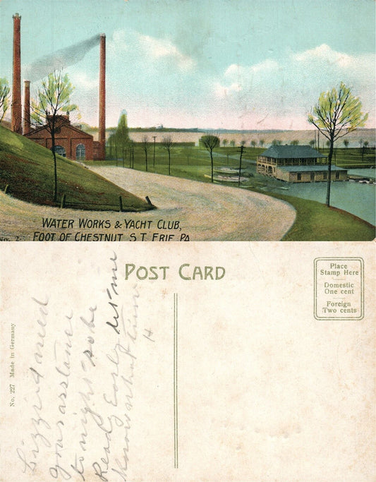 ERIE PA WATER WORKS & YACHT CLUB CHESTNUT STREET ANTIQUE POSTCARD