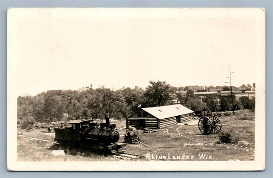 RHINELANDER WI TRAIN LOCOMOTIVE ANTIQUE REAL PHOTO POSTCARD RPPC