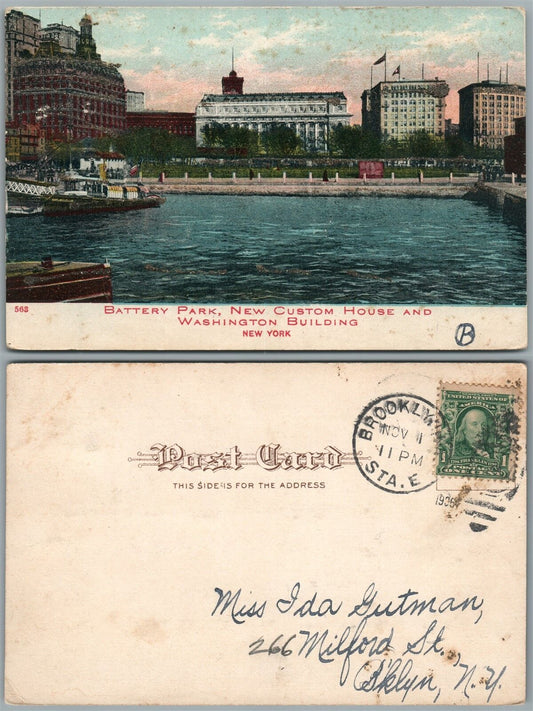 NYC N.Y. BATTERY PARK CUSTOM HOUSE WASHINGTON BUILDING 1906 ANTIQUE POSTCARD