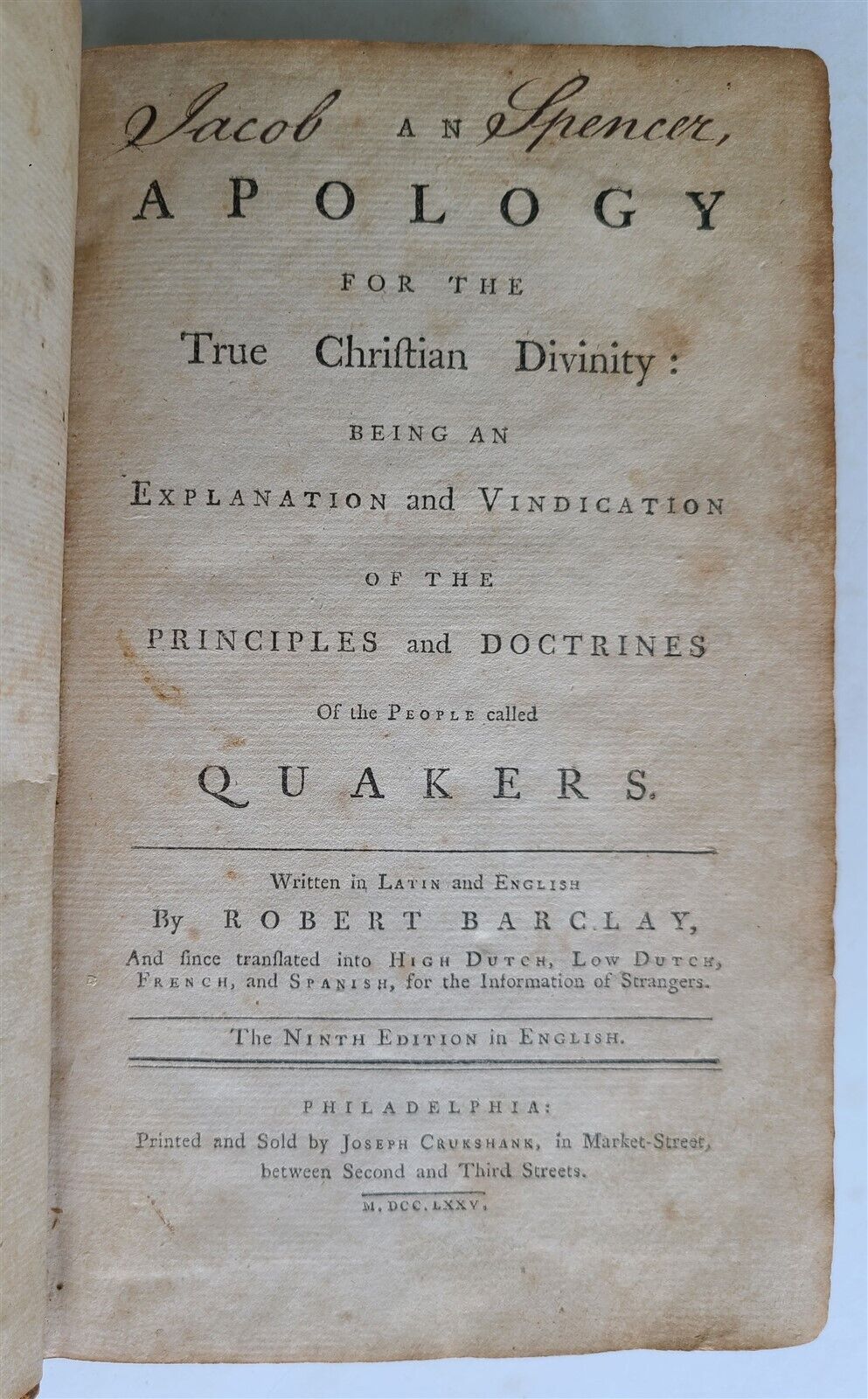 1775 APOLOGY for CHRISTIAN DIVINITY of QUAKERS ROBERT BARCLAY antique AMERICANA