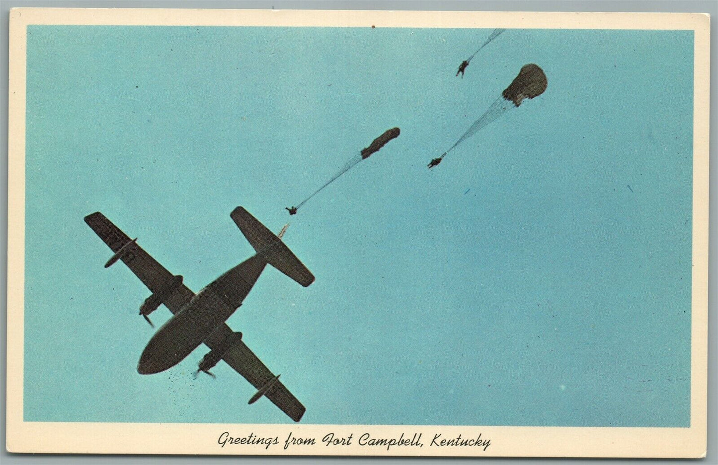 AIRPLANE PARATROOPERS JUMP from C-123 FORT CAMPBELL KY VINTAGE MILITARY POSTCARD