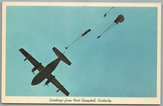 AIRPLANE PARATROOPERS JUMP from C-123 FORT CAMPBELL KY VINTAGE MILITARY POSTCARD