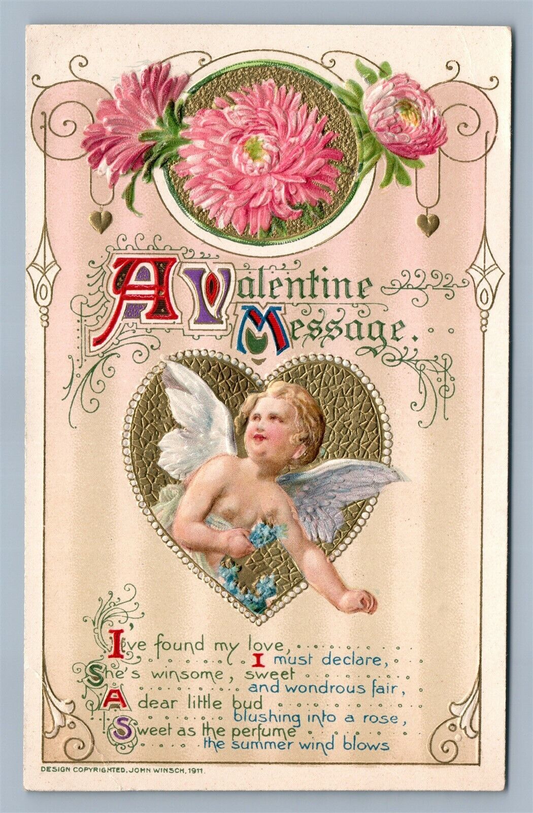 VALENTINE MESSAGE 1911 EMBOSSED ANTIQUE POSTCARD by JOHN WINSCH