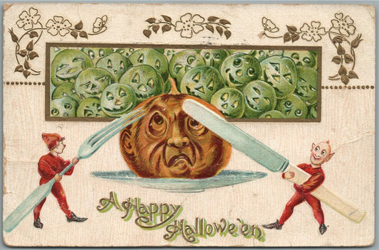 HAPPY HALLOWEEN FLYING WITCHES ANTIQUE POSTCARD