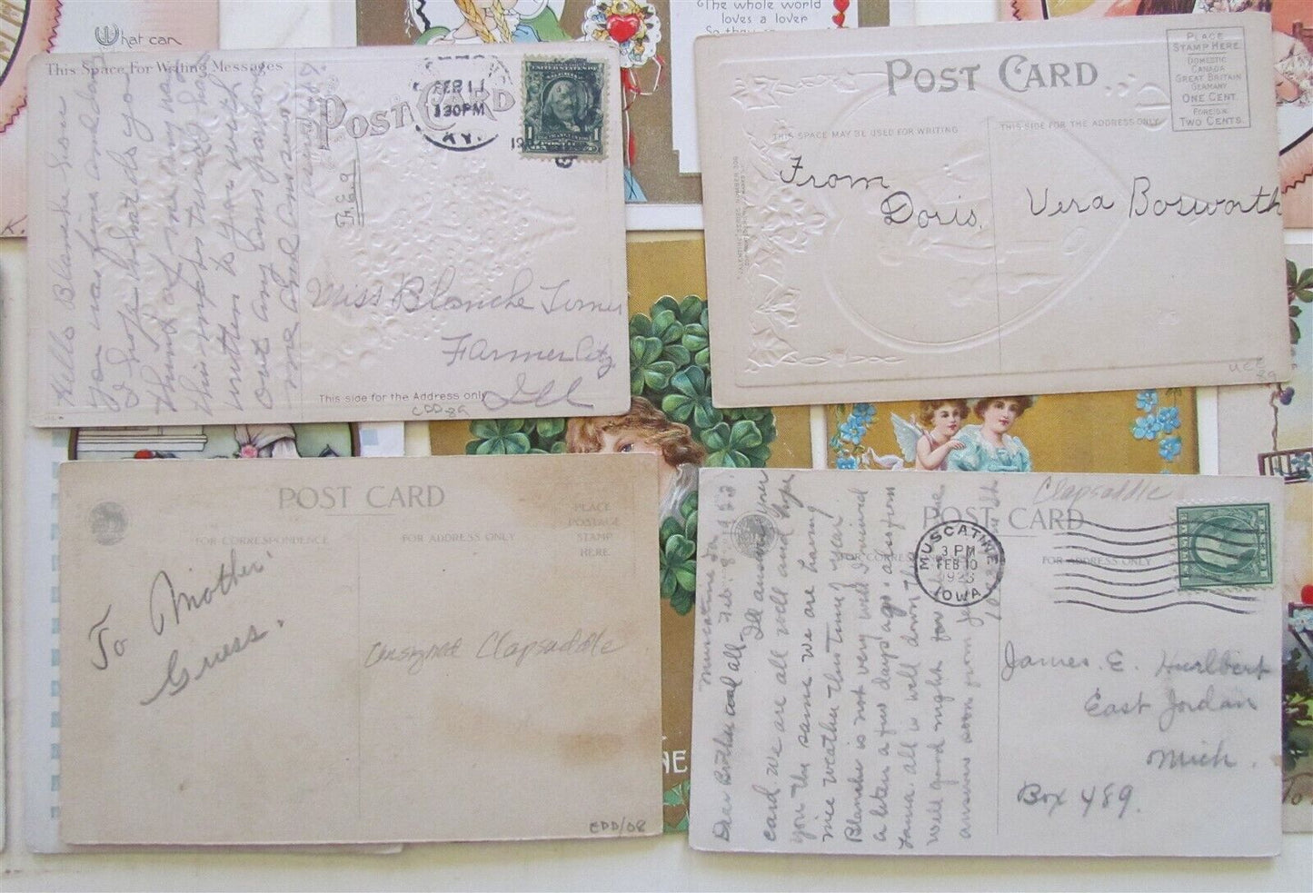 LOT of 13 VALENTINE ANTIQUE EMBOSSED POSTCARDS w/ ROMANTIC COUPLES & FLOWERS