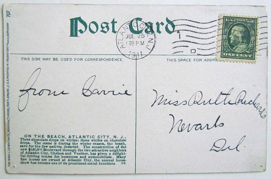 1911 VINTAGE POSTCARD CONTRAST ON THE BEACH ATLANTIC CITY NJ horses