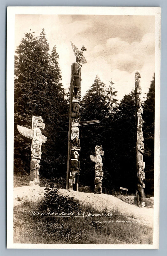 INDIAN TOTEM POLES STANLEY PARK CANADA VINTAGE REAL PHOTO POSTCARD RPPC