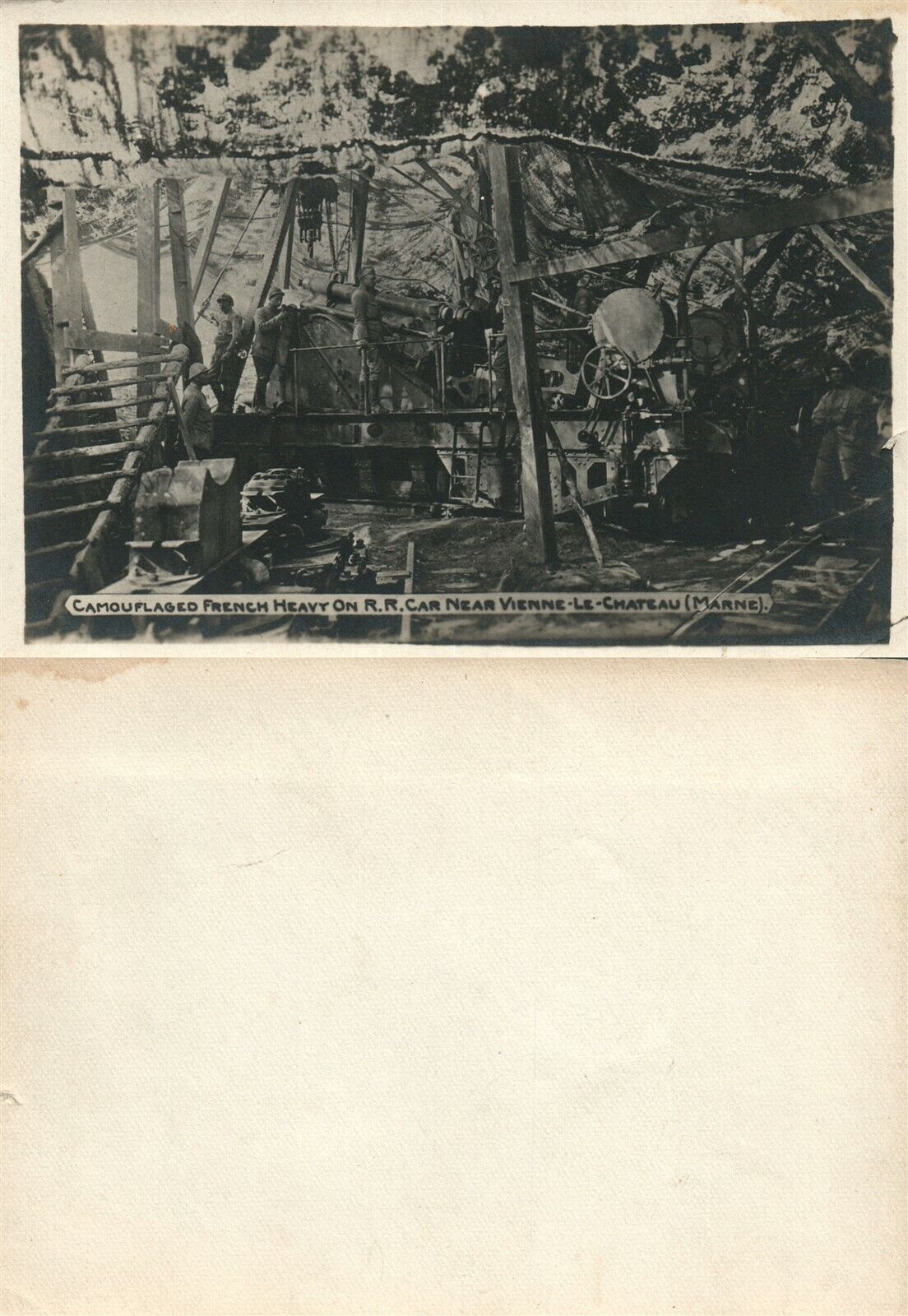 CAMOUFLAGED FRENCH RAILROAD GUN NEAR VIENNE-LE-CHATEAU MARNE VINTAGE REAL PHOTO