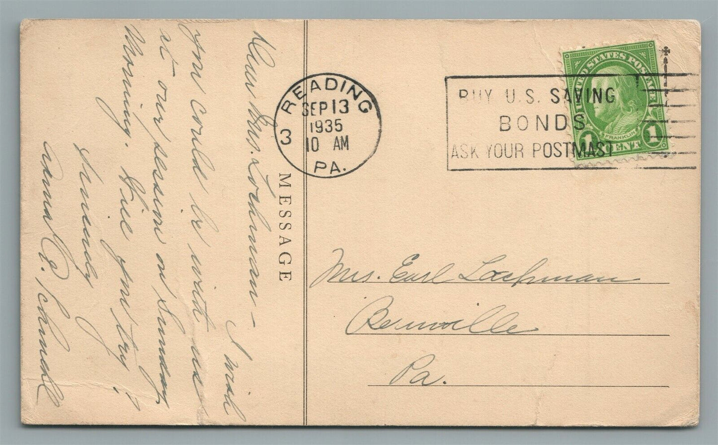 READING PA TRINITY CHURCH VINTAGE POSTCARD US SAVING BONDS STAMP