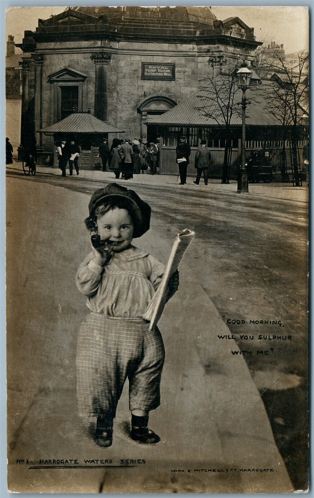 BOY SMOKING PIPE ANTIQUE PHOTOMONTAGE REAL PHOTO POSTCARD RPPC HARROGATE UK