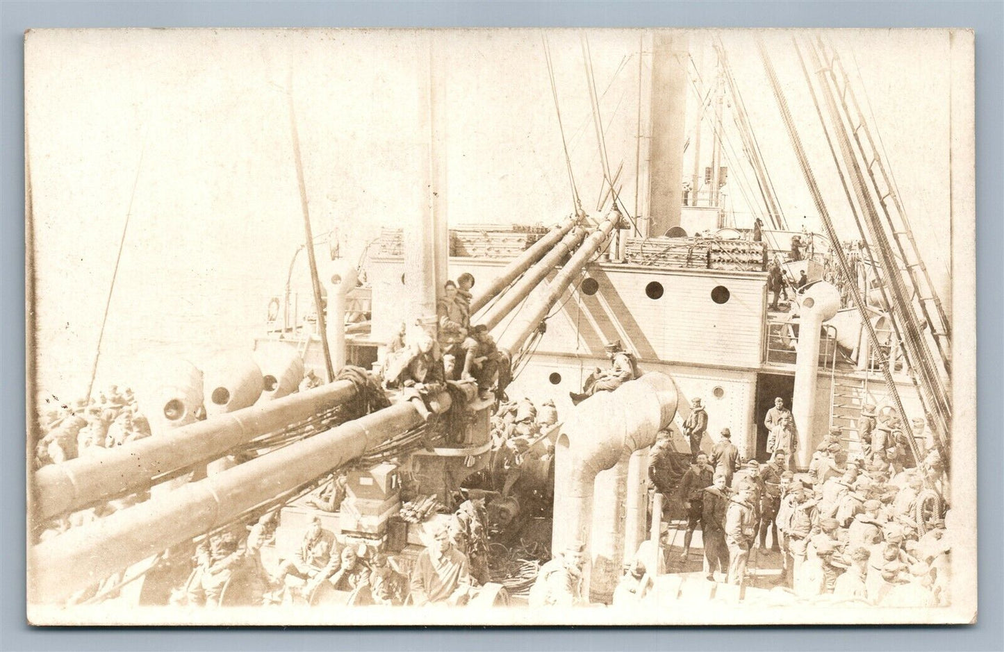 WWI ERA BATTLESHIP w/ SOLDIERS ANTIQUE REAL PHOTO POSTCARD RPPC