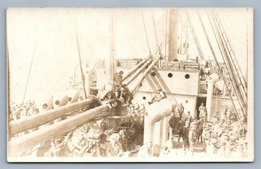 WWI ERA BATTLESHIP w/ SOLDIERS ANTIQUE REAL PHOTO POSTCARD RPPC