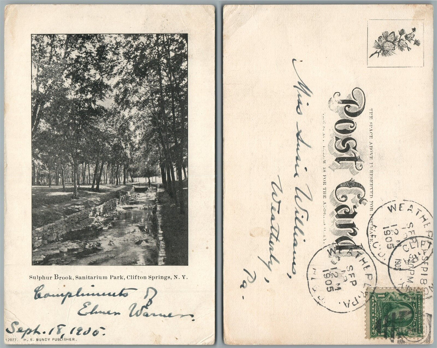 CLIFTON SPRINGS N.Y. SANITARIUM PARK SULPHUR BROOK 1905 ANTIQUE POSTCARD