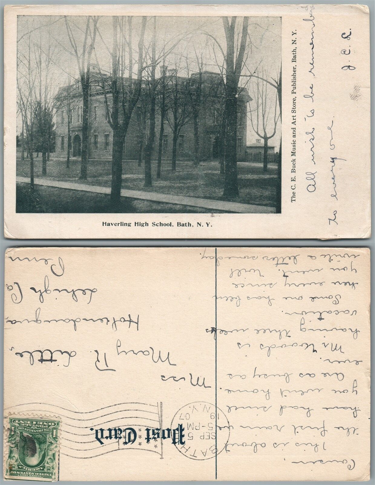 BATH N.Y. HAVERLING HIGH SCHOOL 1907 ANTIQUE POSTCARD