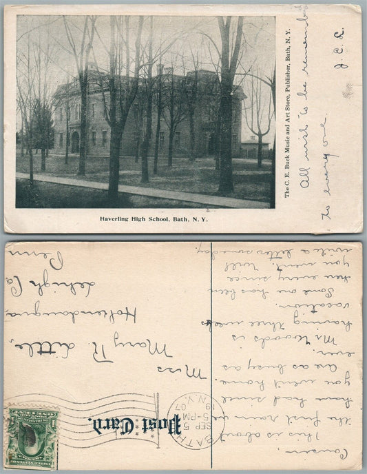BATH N.Y. HAVERLING HIGH SCHOOL 1907 ANTIQUE POSTCARD