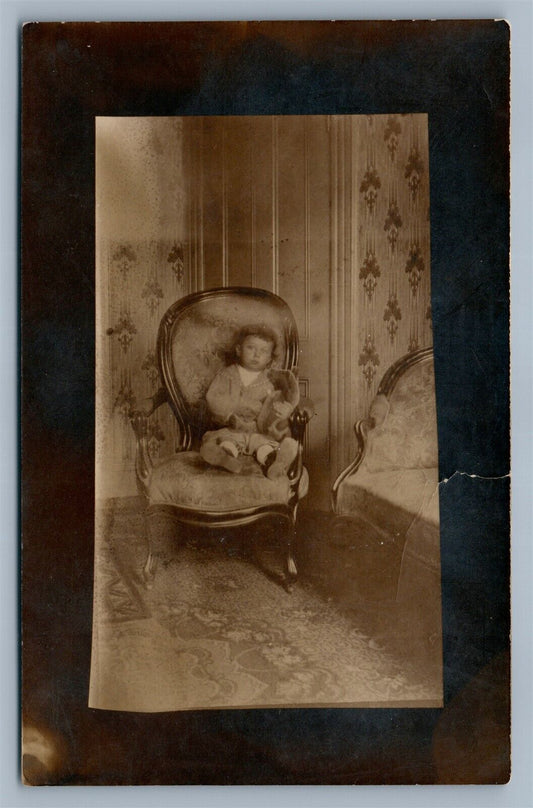 BOY w/ TEDDY BEAR ANTIQUE REAL PHOTO POSTCARD RPPC