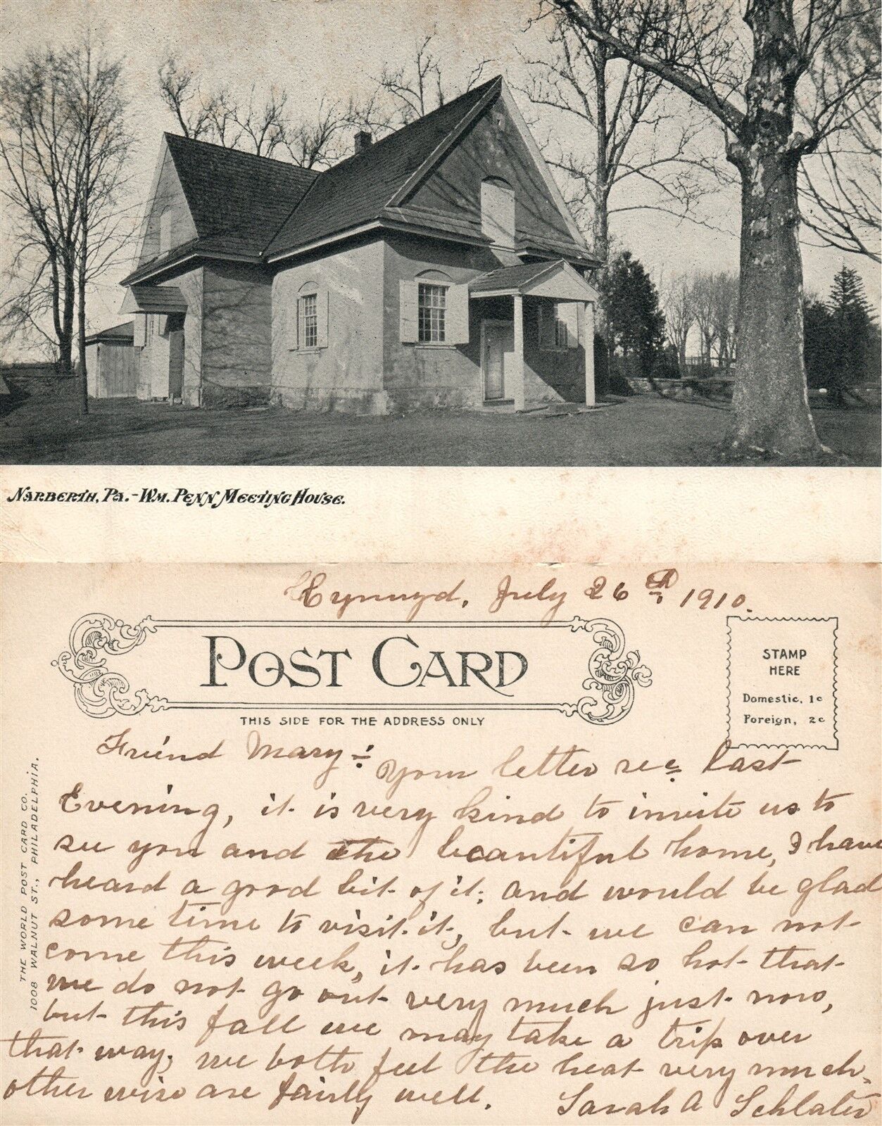 NARBERTH PA Wm. PENN MEETING HOUSE UNDIVIDED ANTIQUE POSTCARD
