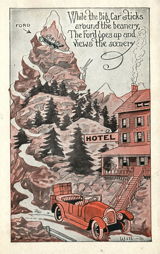 FORD CAR in MOUNTAINS COMIC 1935 VINTAGE POSTCARD automobile