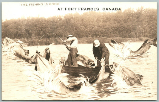 FORT FRANCES CANADA FISHING EXAGGERATED ANTIQUE REAL PHOTO POSTCARD RPPC