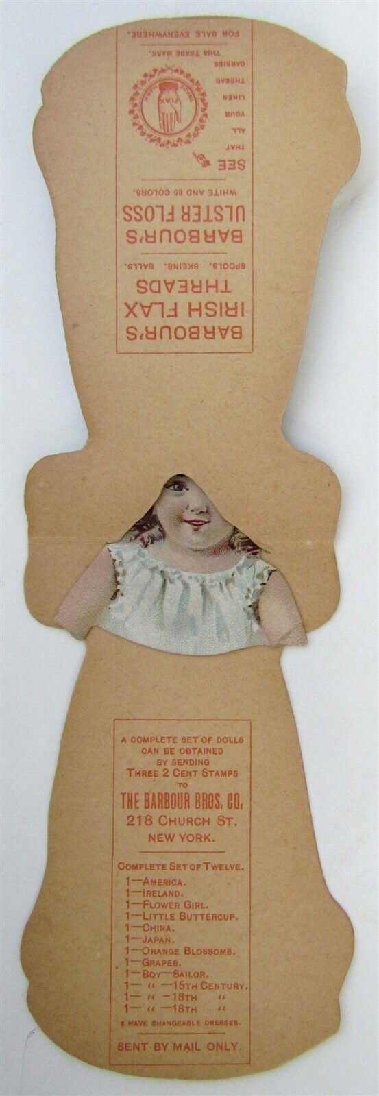 ANTIQUE MECHANICAL VICTORIAN TRADE CARD ORANGE BLOSSOMS GIRL PAPER DOLL New York