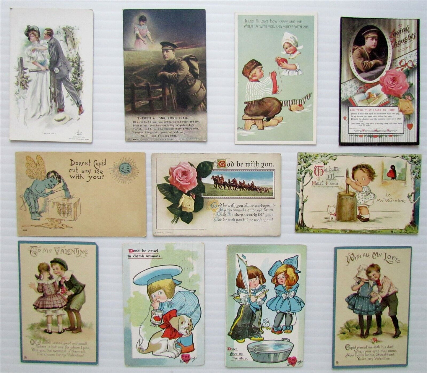 VALENTINE LOT OF 11 ANTIQUE POSTCARDS WWI ERA