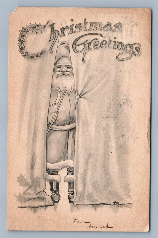 CHRISTMAS GREETINGS ANTIQUE SEPIA POSTCARD w/ SANTA