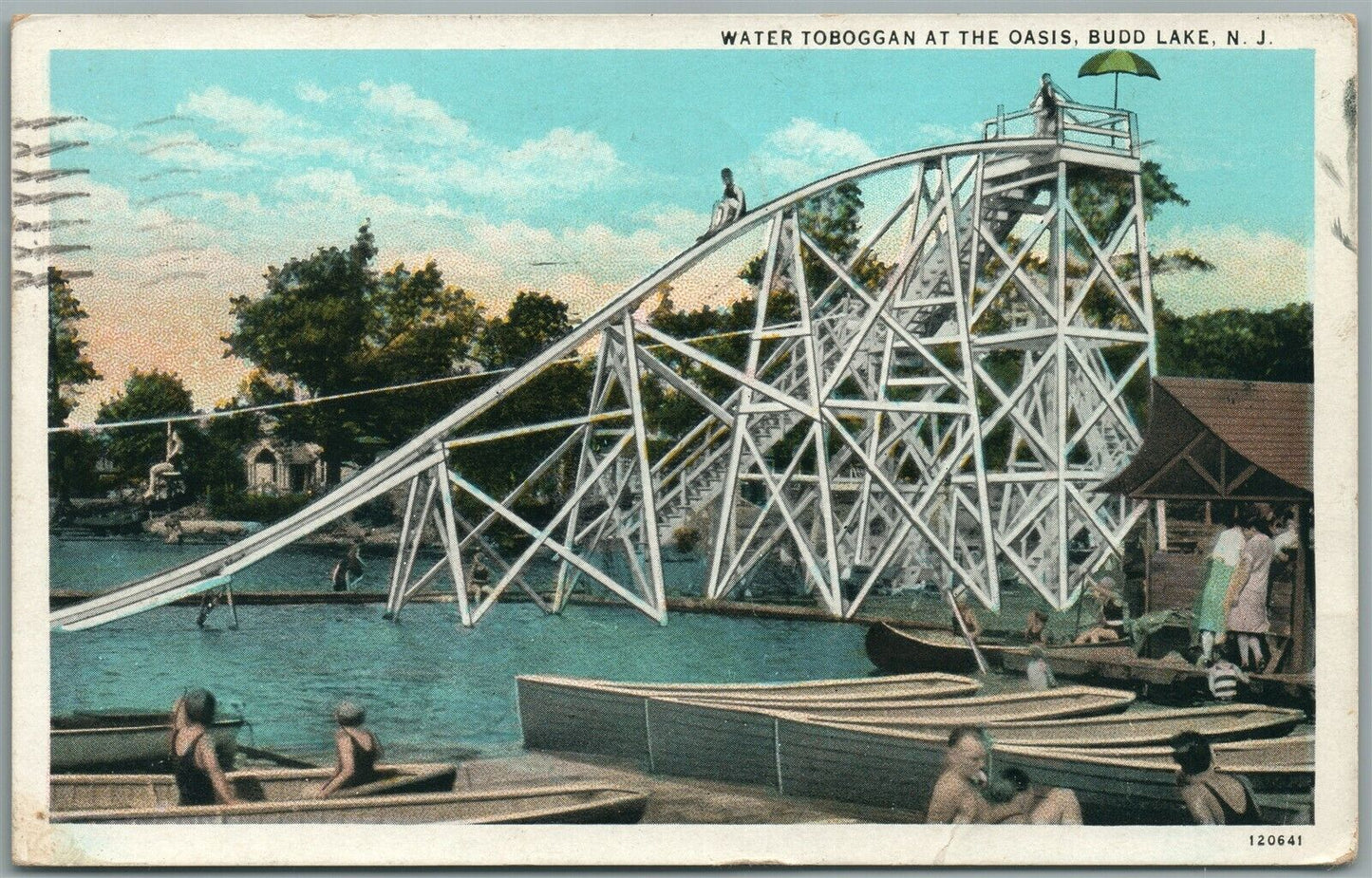 BUDD LAKE NJ WATER TOBOGGAN AT THE OASIS ANTIQUE POSTCARD