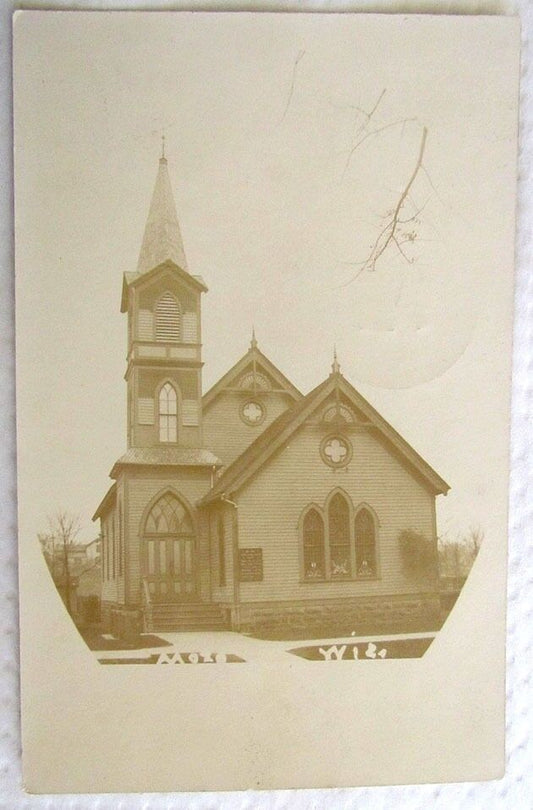 RPPC CHURCH in MAZOMANIE WIS. 1907 ANTIQUE REAL PHOTO POSTCARD