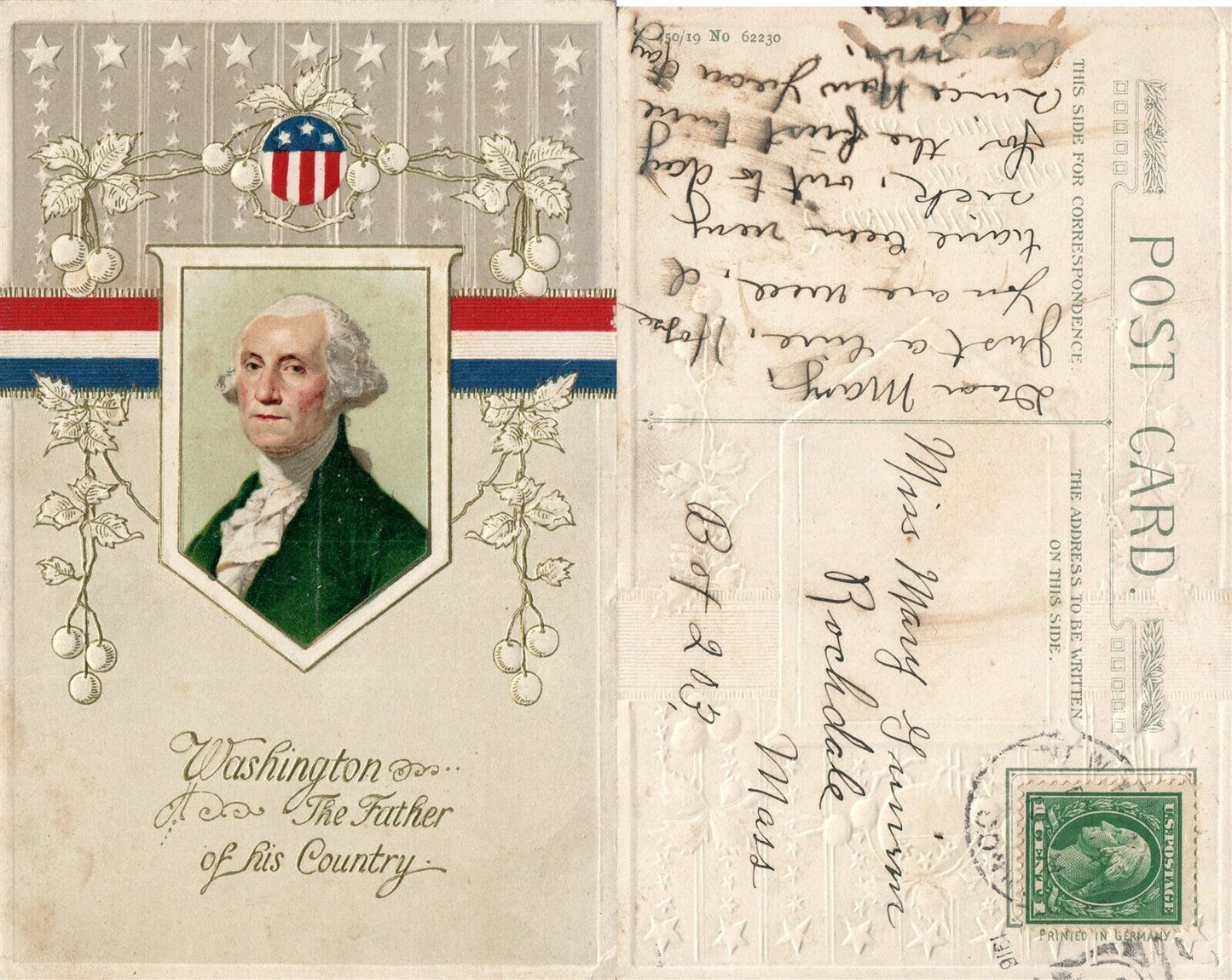 PATRIOTIC ANTIQUE EMBOSSED POSTCARD WASHINGTON THE FATHER OF HIS COUNTRY