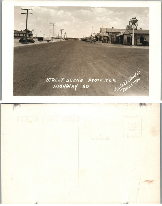 STREET SCENE TEXACO GAS STATION Hwy 80 PYOTE TX VINTAGE RPPC REAL PHOTO POSTCARD