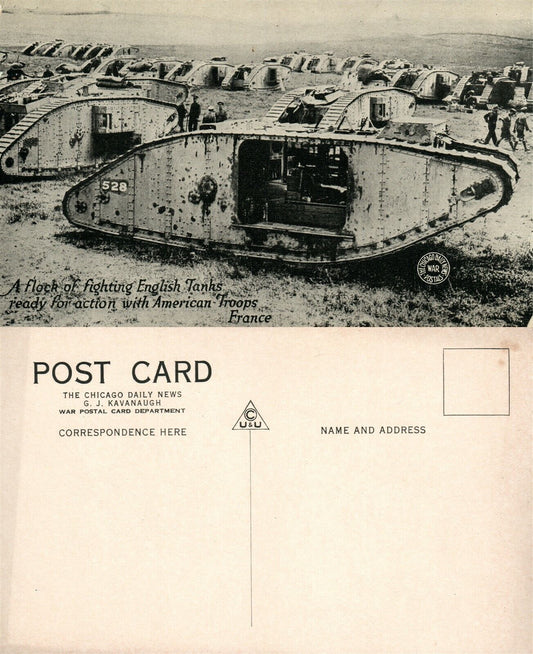 ENGLISH TANKS READY FOR ACTION w/ AMERICAN TROOPS WWI VINTAGE POSTCARD