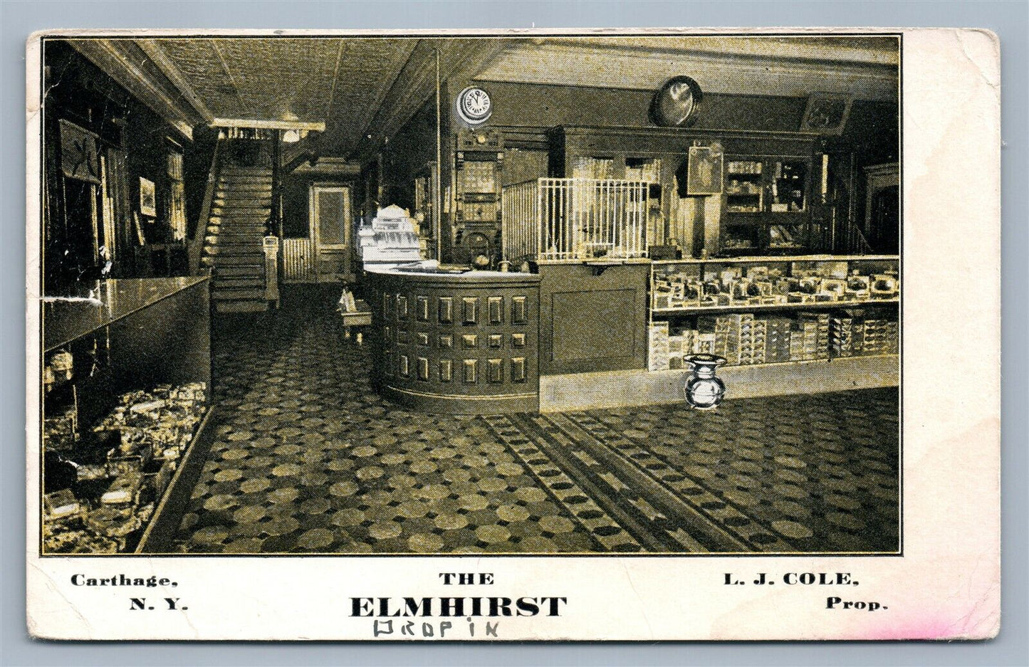 CARTHAGE NY ELMHIRST HOTEL INTERIOR ANTIQUE POSTCARD