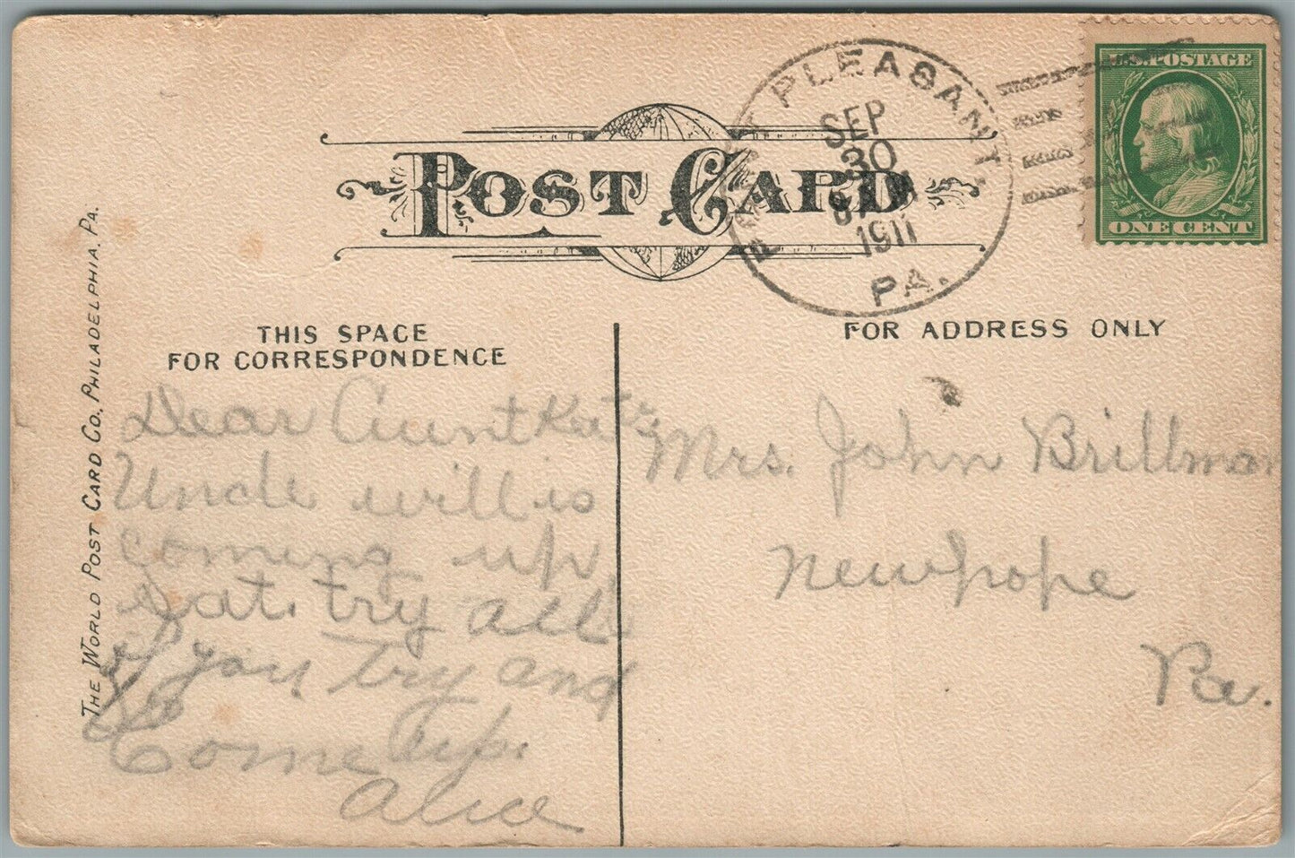 POINT PLEASANT PA BAPTIST CHURCH ANTIQUE POSTCARD