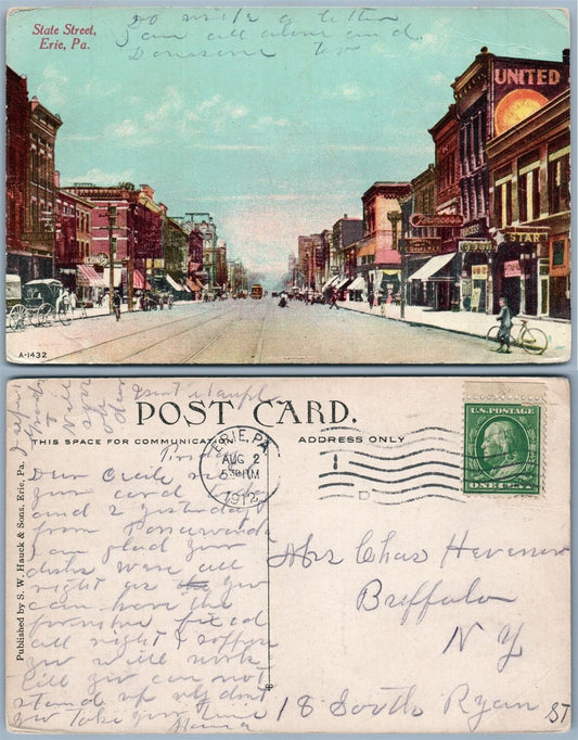 ERIE PA STATE STREET 1912 ANTIQUE POSTCARD