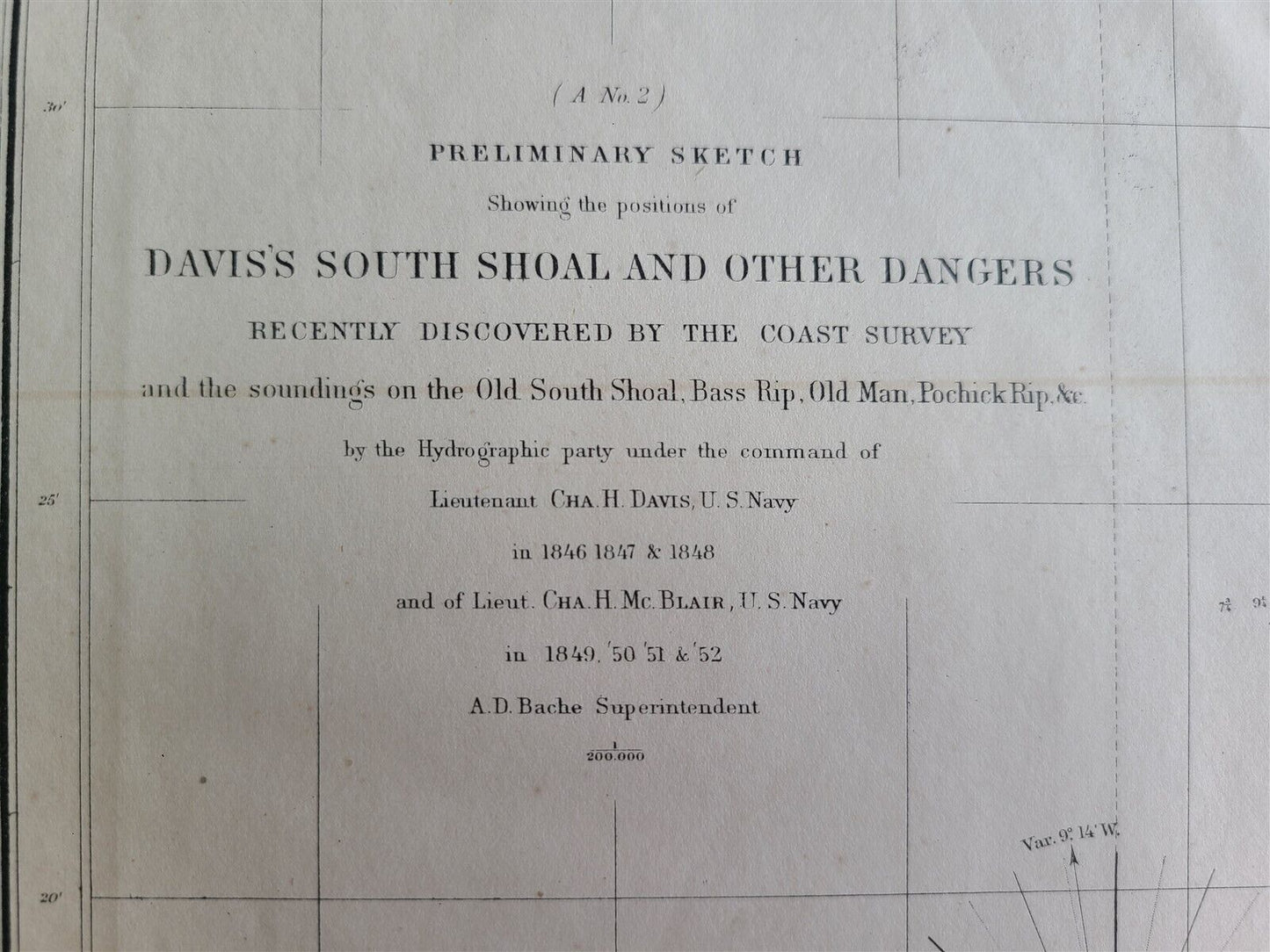 1852 CHART SHOWING POSITIONS of DAVIS'S SOUTH SHOAL & OTHER DANGERS antique