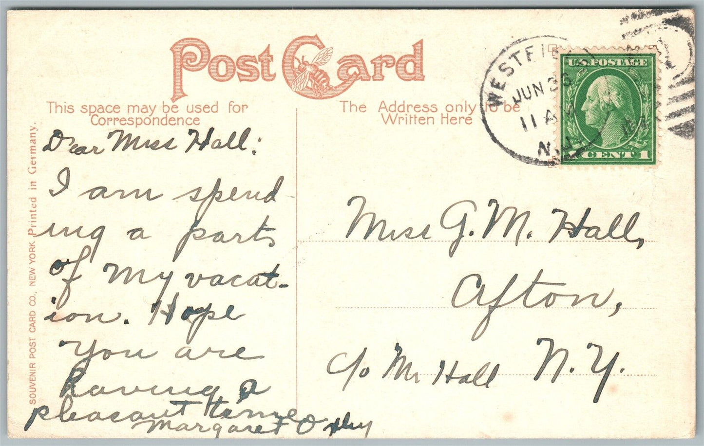 WESTFIELD NJ PRESBYTERIAN CHURCH ANTIQUE POSTCARD w/ CORK CANCEL
