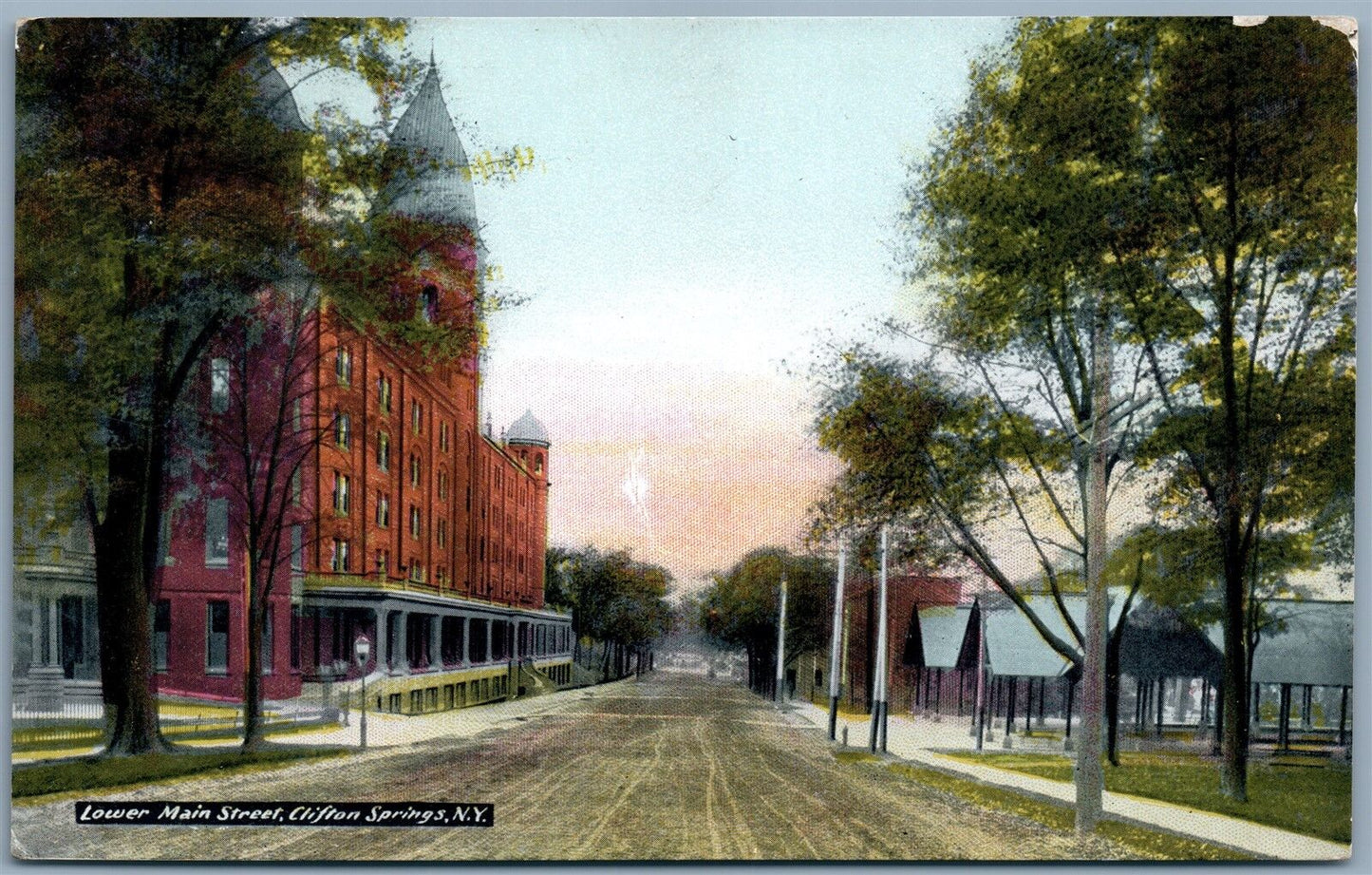 CLIFTON SPRINGS NY LOWER MAIN STREET 1912 ANTIQUE POSTCARD w/ CORK CANCEL