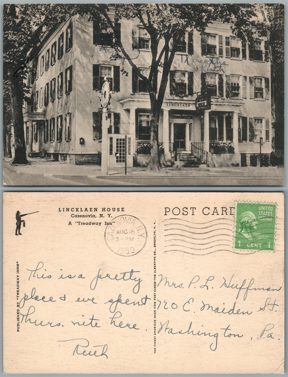 CAZENOVIA N.Y. LINCKLAEN HOUSE 1950 VINTAGE POSTCARD