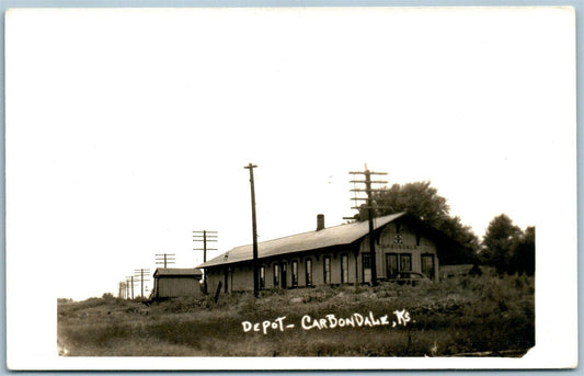 CARBONDALE KS RAILROAD DEPOT RAILWAY STATION VINTAGE REAL PHOTO POSTCARD RPPC