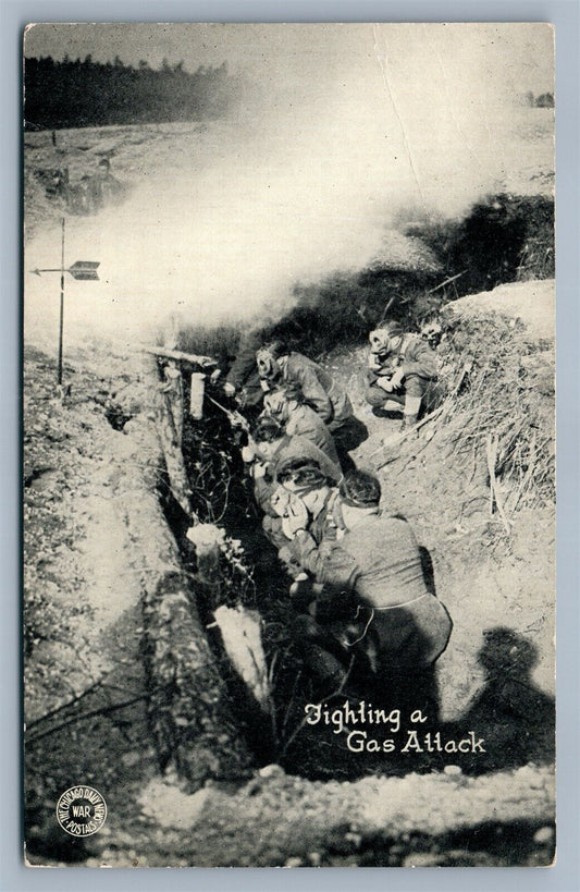 FIGHTING A GAS ATTACK WWI ANTIQUE POSTCARD