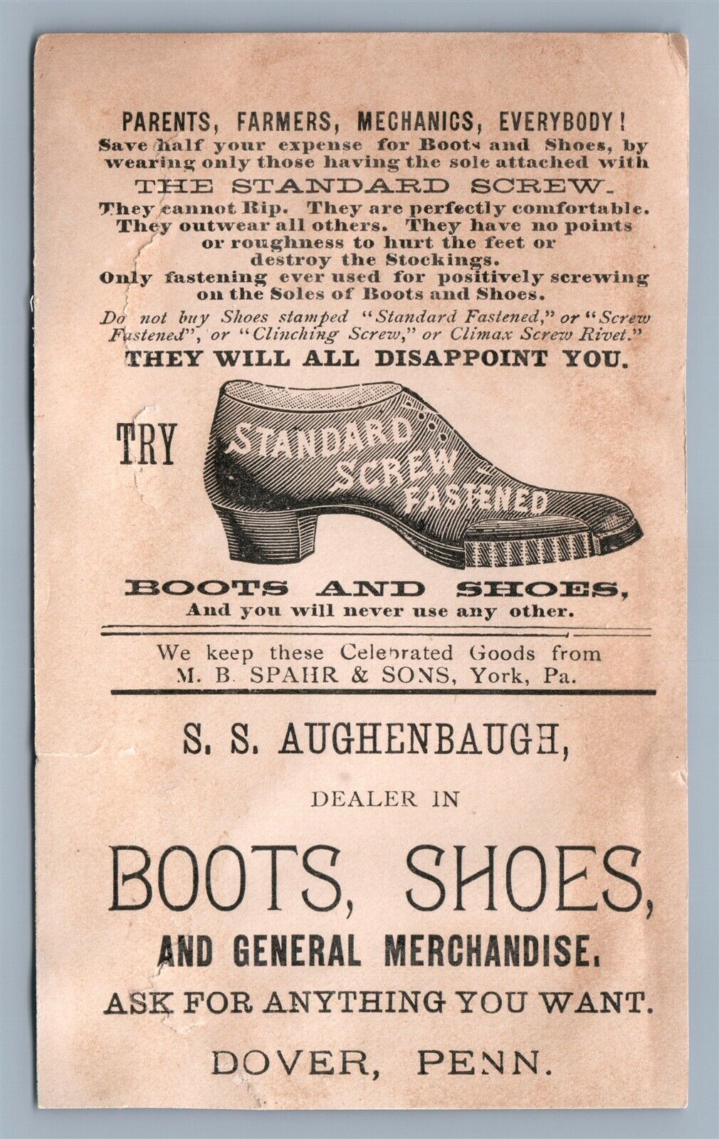 DOVER PA ANTIQUE VICTORIAN TRADE CARD AUGHENBAUGH BOOTS SHOES ADVERTISING