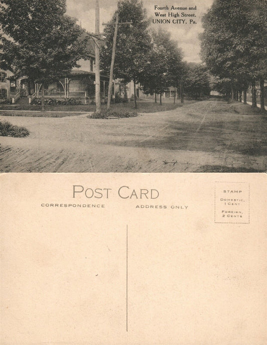 UNION CITY PA FOURTH AVENUE & WEST HIGH STREET ANTIQUE POSTCARD