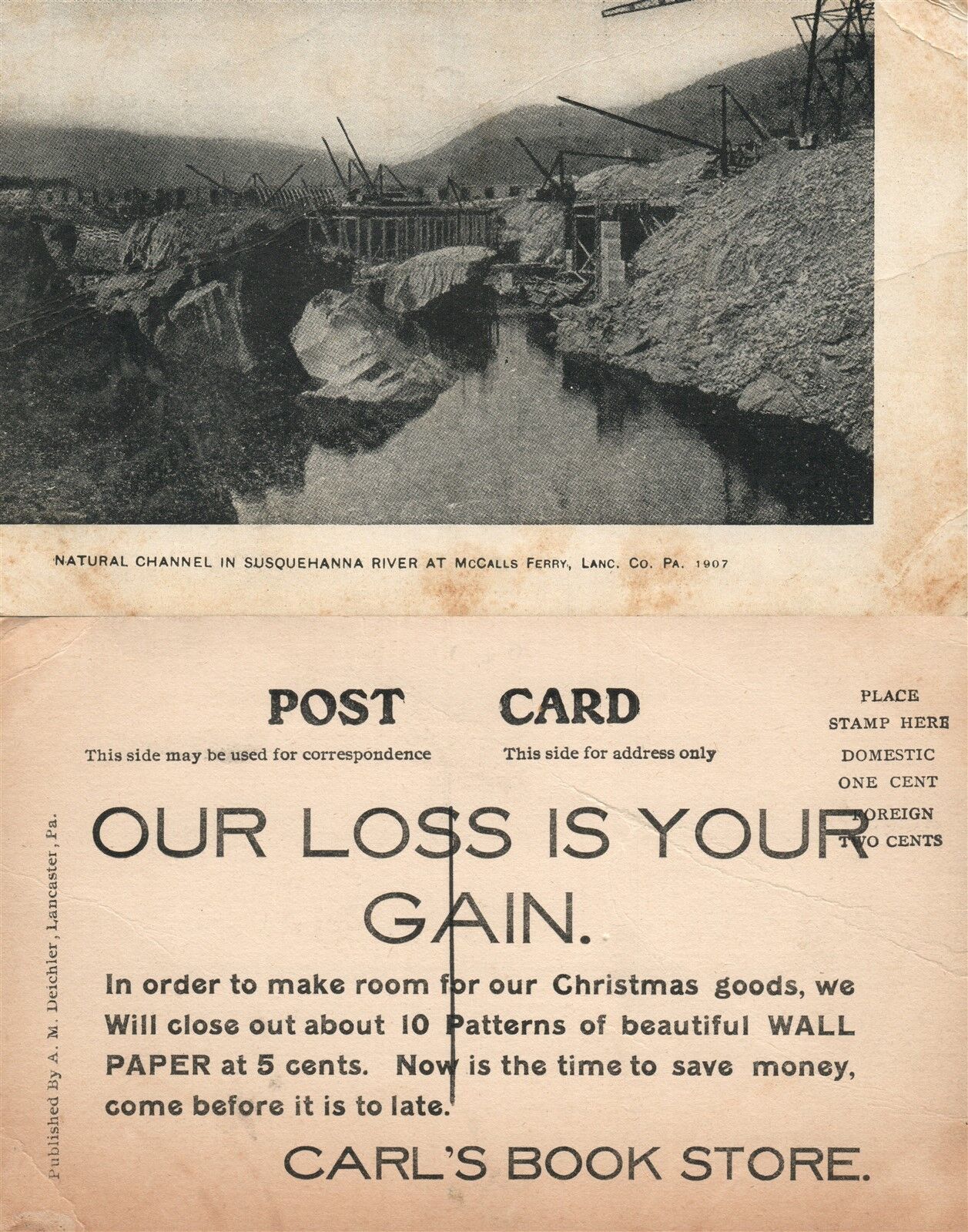 McCALLS FERRY PA SUSQUEHANNA RIVER BOOK STORE ADVERTISING ANTIQUE POSTCARD