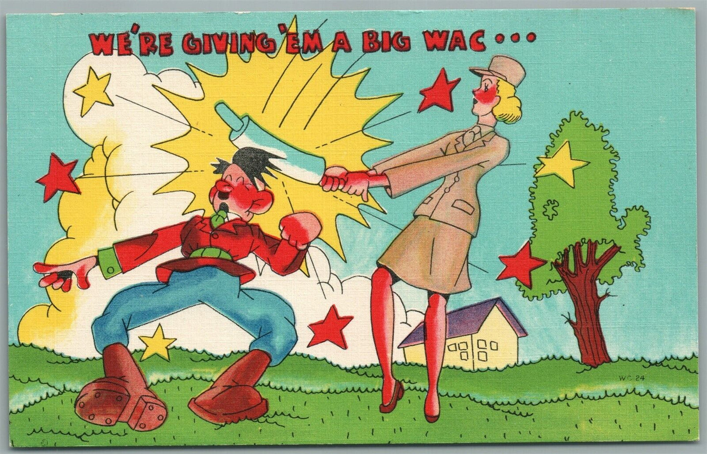 WWII MILITARY PATRIOTIC PROPAGANDA VINTAGE POSTCARD w/ HITLER BIG WAC