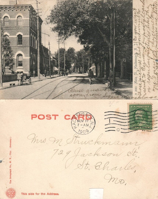 HACKENSACK N.J. MAIN STREET 1909 ANTIQUE POSTCARD