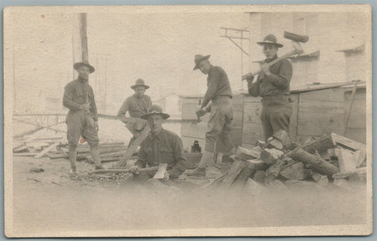 WWI ERA AMERICAN SOLDIERS CONSTRUCTION WORK ANTIQUE REAL PHOTO POSTCARD RPPC