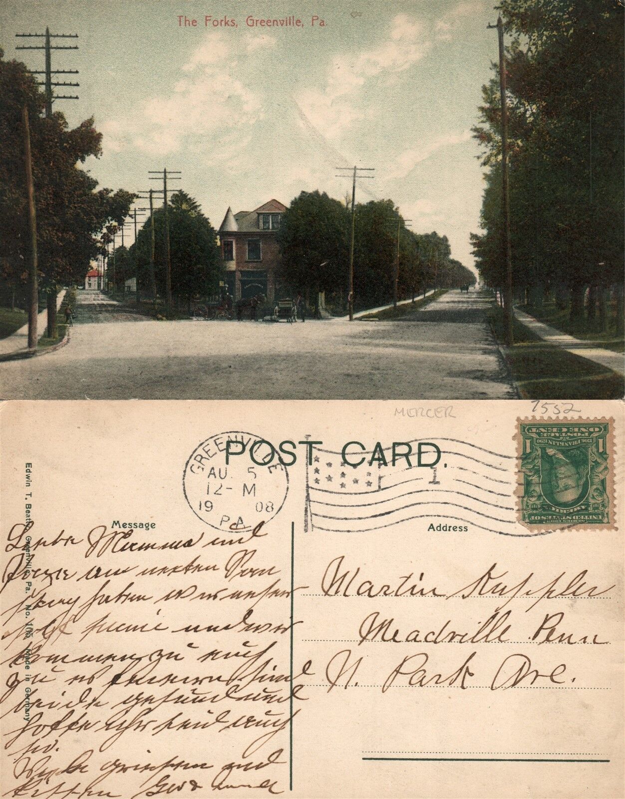 GREENVILLE PA THE FORKS 1908 ANTIQUE POSTCARD