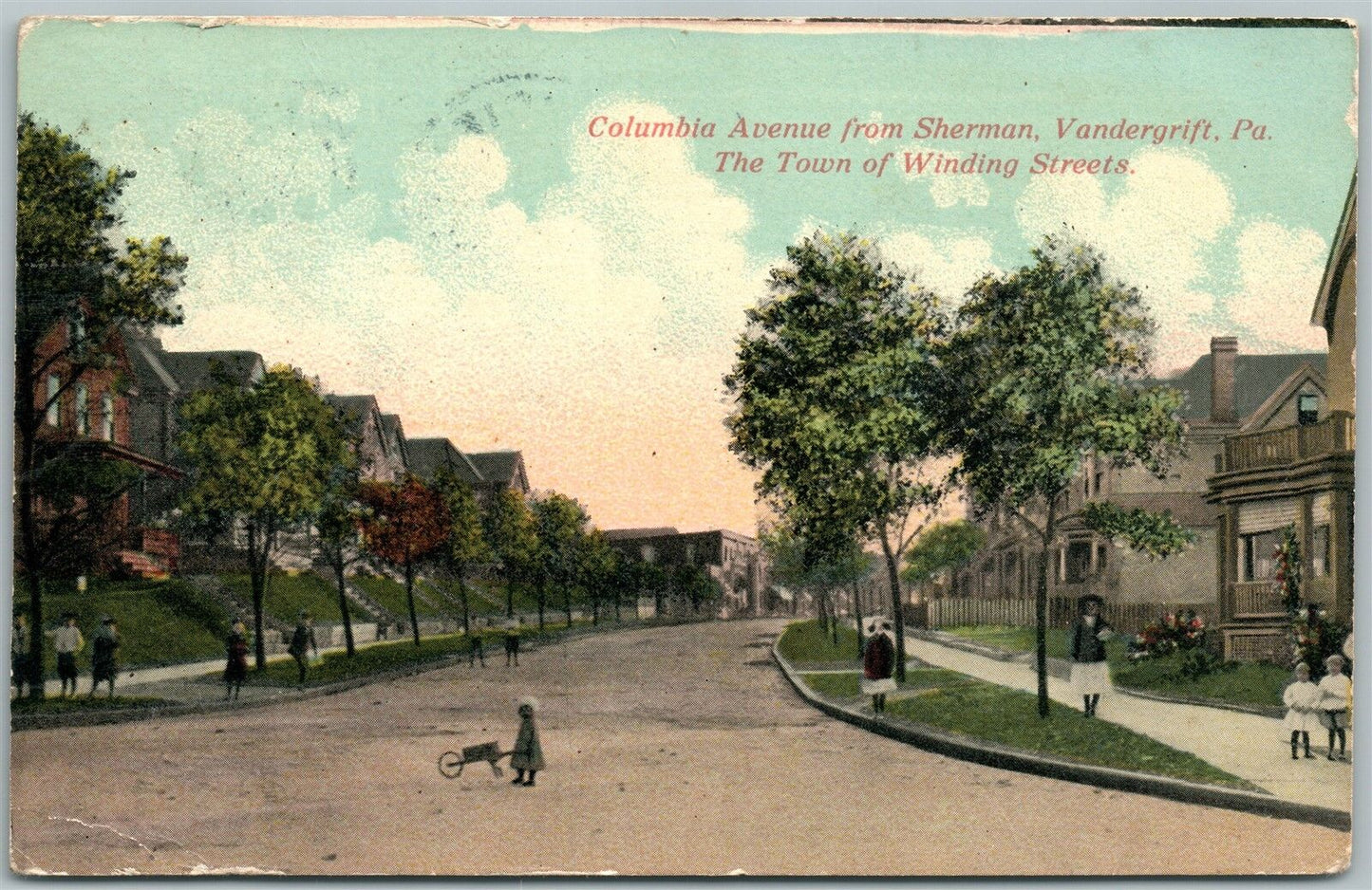 VANDERGRIFT PA COLUMBIA AVENUE FROM SHERMAN ANTIQUE POSTCARD w/ CORK CANCEL