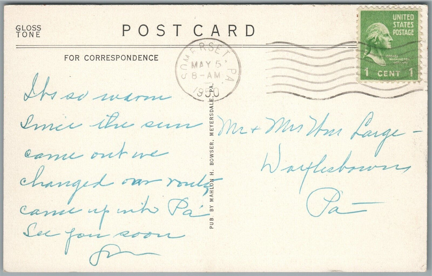 SOMERSET PA POST OFFICE VINTAGE POSTCARD