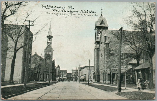 MUSKEGON MI JEFFERSON STREET ANTIQUE POSTCARD